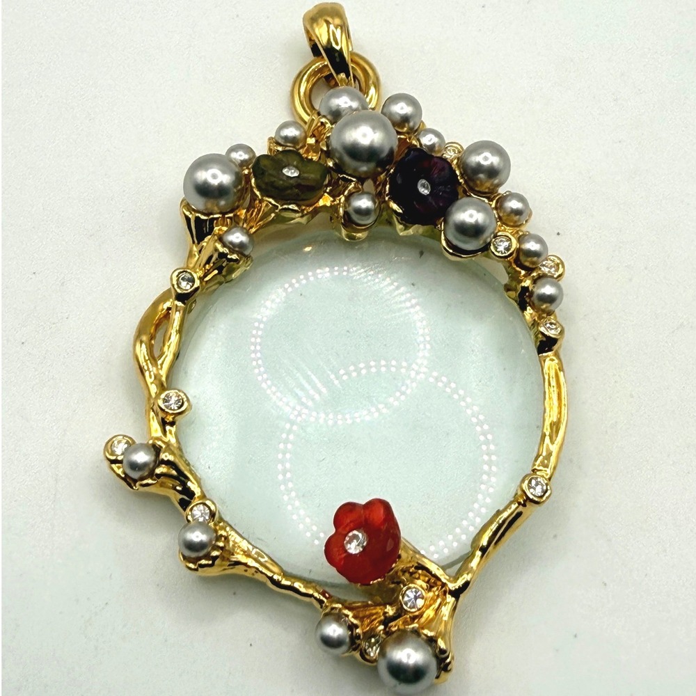 Gold Tone Floral Pearl Magnifying Glass Pendant Crystal Accents